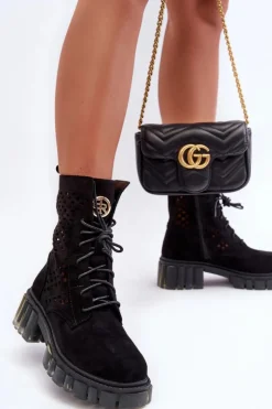 Sale Boto Ażurowe Botki Workery Czarne Ideally