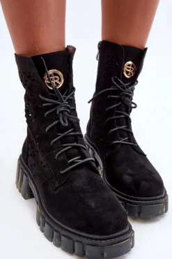 Sale Boto Ażurowe Botki Workery Czarne Ideally