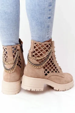 Sale Boto Ażurowe Botki Workery Lewski Shoes 3030-0 Piaskowe