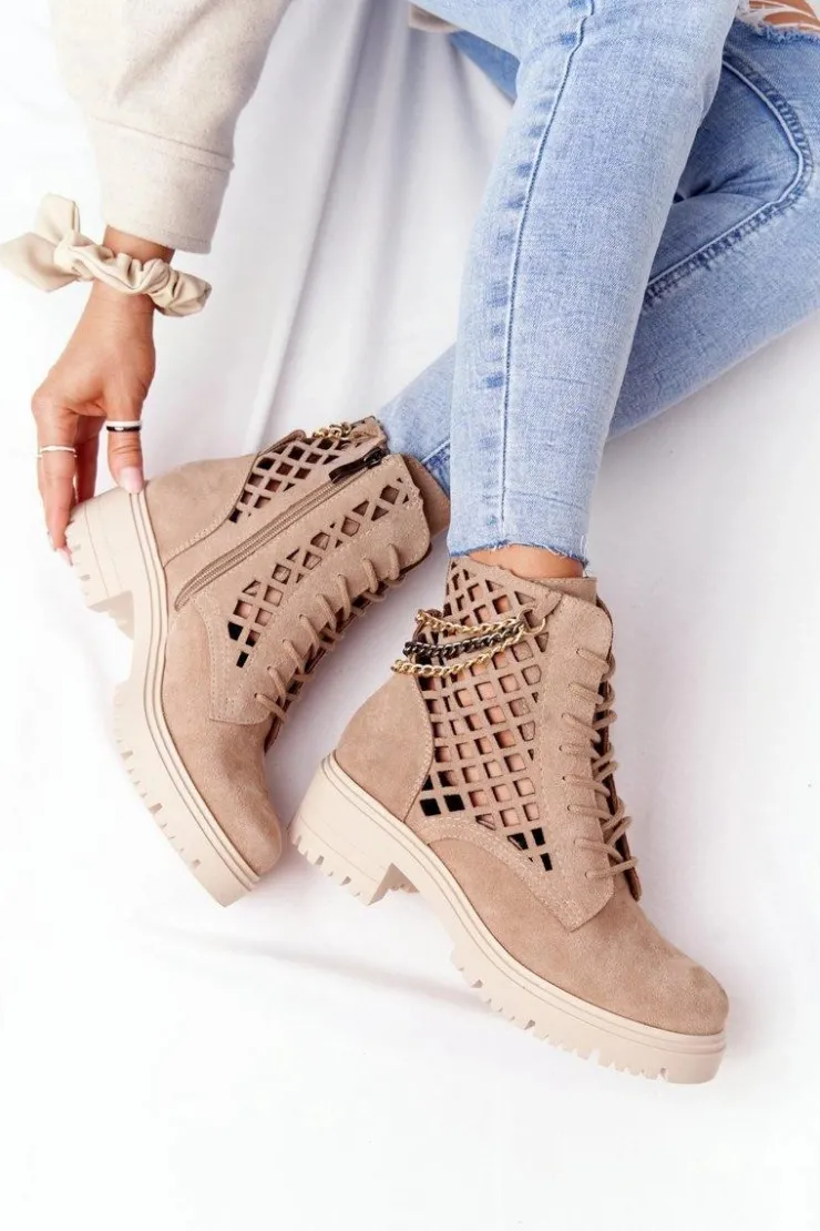 Sale Boto Ażurowe Botki Workery Lewski Shoes 3030-0 Piaskowe