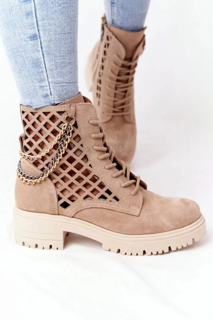 Sale Boto Ażurowe Botki Workery Lewski Shoes 3030-0 Piaskowe