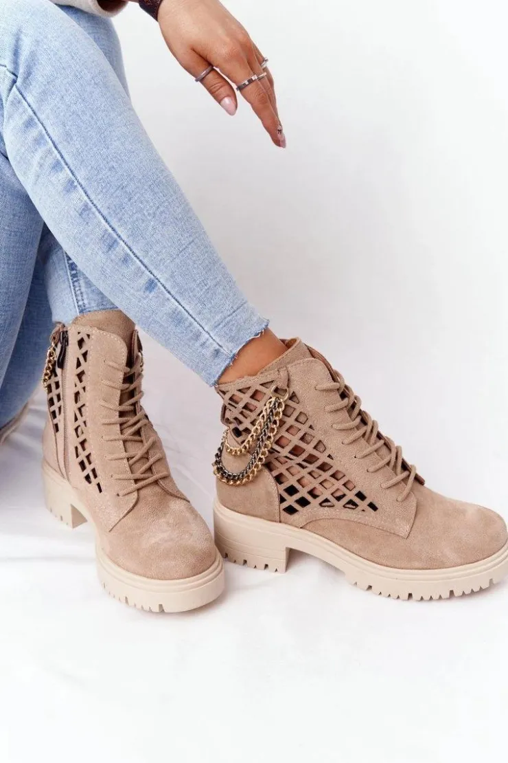 Sale Boto Ażurowe Botki Workery Lewski Shoes 3030-0 Piaskowe