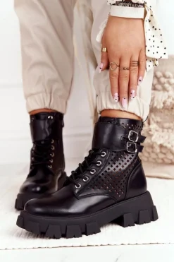 Boto Botki Wiosenne|Czarne Botki*Ażurowe Botki Workery Na Platformie Czarne Blown Away