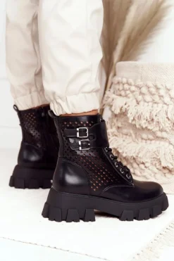 Boto Botki Wiosenne|Czarne Botki*Ażurowe Botki Workery Na Platformie Czarne Blown Away