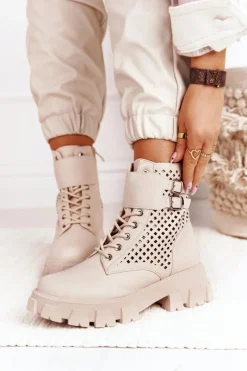 Damskie Boto Ażurowe Botki Workery Na Platformie Beżowe Blown Away