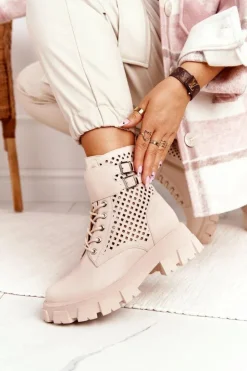 Damskie Boto Ażurowe Botki Workery Na Platformie Beżowe Blown Away