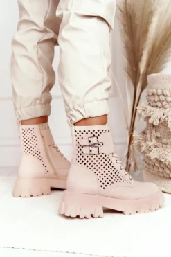 Damskie Boto Ażurowe Botki Workery Na Platformie Beżowe Blown Away