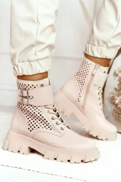 Damskie Boto Ażurowe Botki Workery Na Platformie Beżowe Blown Away
