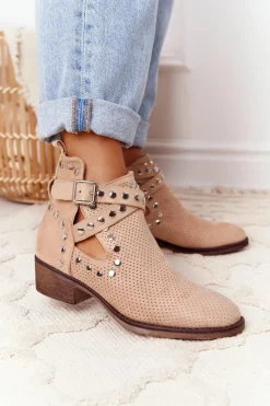 Damskie Boto Ażurowe Botki Z Dżetami Beżowe Dakota