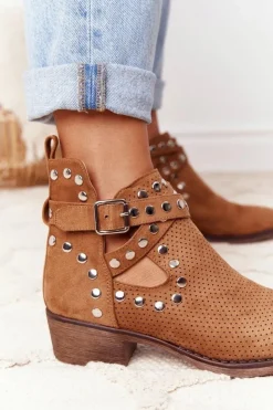 Boto Botki Wiosenne|Brązowe I Beżowe Botki*Ażurowe Botki Z Dżetami Camel Dakota