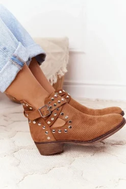 Boto Botki Wiosenne|Brązowe I Beżowe Botki*Ażurowe Botki Z Dżetami Camel Dakota