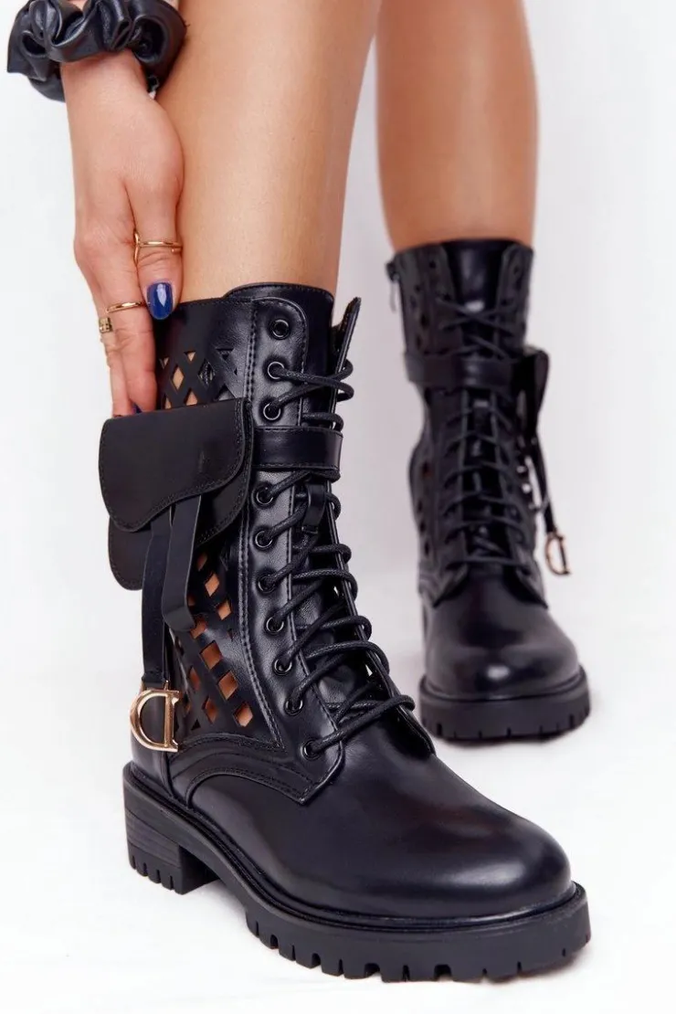 Damskie Boto Ażurowe Botki Z Nerką Czarne Rock Star