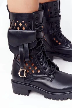 Damskie Boto Ażurowe Botki Z Nerką Czarne Rock Star