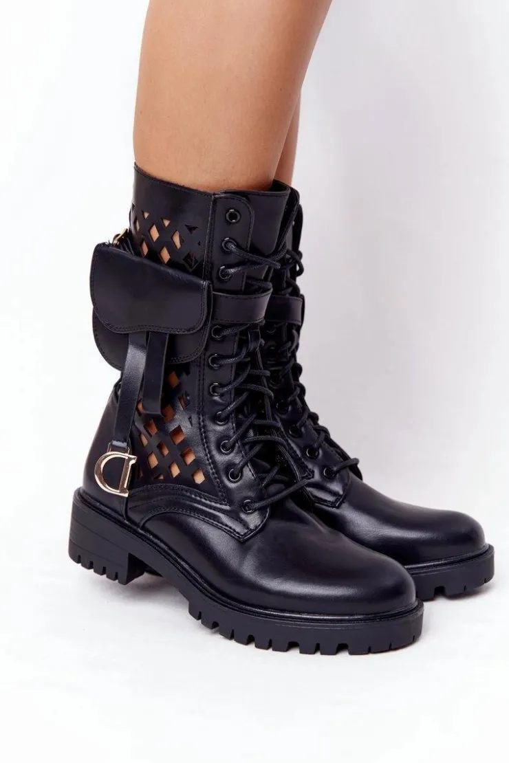 Damskie Boto Ażurowe Botki Z Nerką Czarne Rock Star