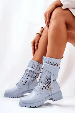Damskie Boto Ażurowe Botki Z Nerką Niebieskie Rock Star