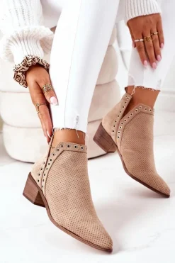 Boto Botki Wiosenne|Botki Na Słupku*Ażurowe Botki Z Wycięciami Beżowe Western