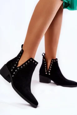 Damskie Boto Ażurowe Botki Z Wycięciami Czarne Western