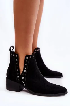 Damskie Boto Ażurowe Botki Z Wycięciami Czarne Western