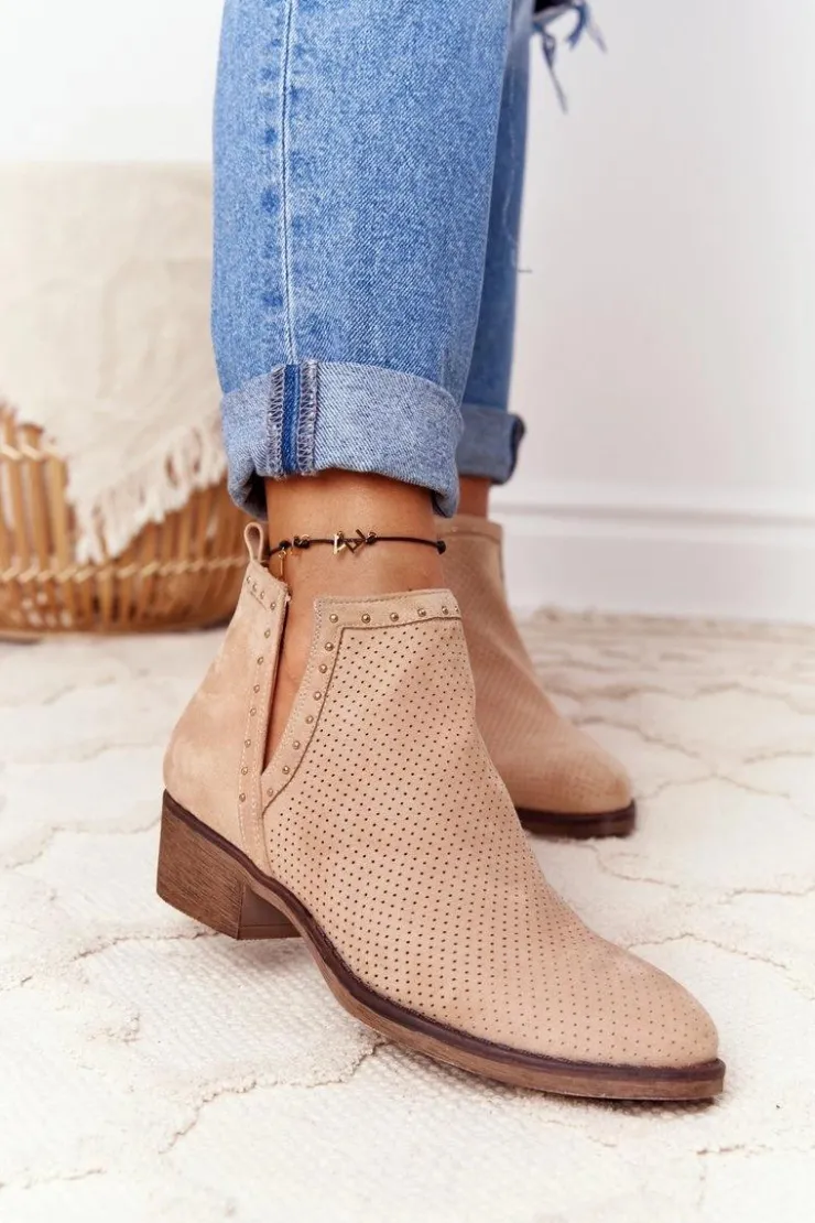 Damskie Boto Ażurowe Botki Z Wycięciami Beżowe Clever