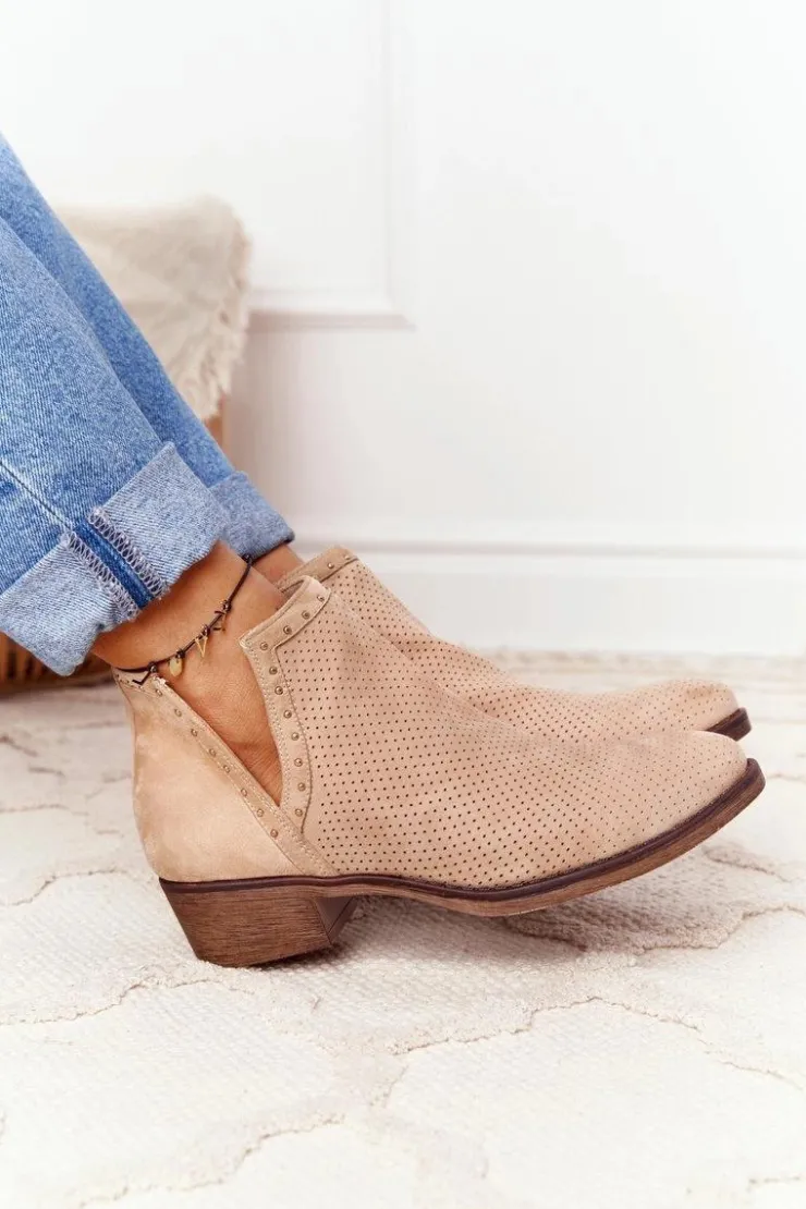 Damskie Boto Ażurowe Botki Z Wycięciami Beżowe Clever