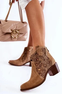 Damskie Boto Ażurowe Botki Zamszowe Lewski Shoes 3170/2 Beżowe