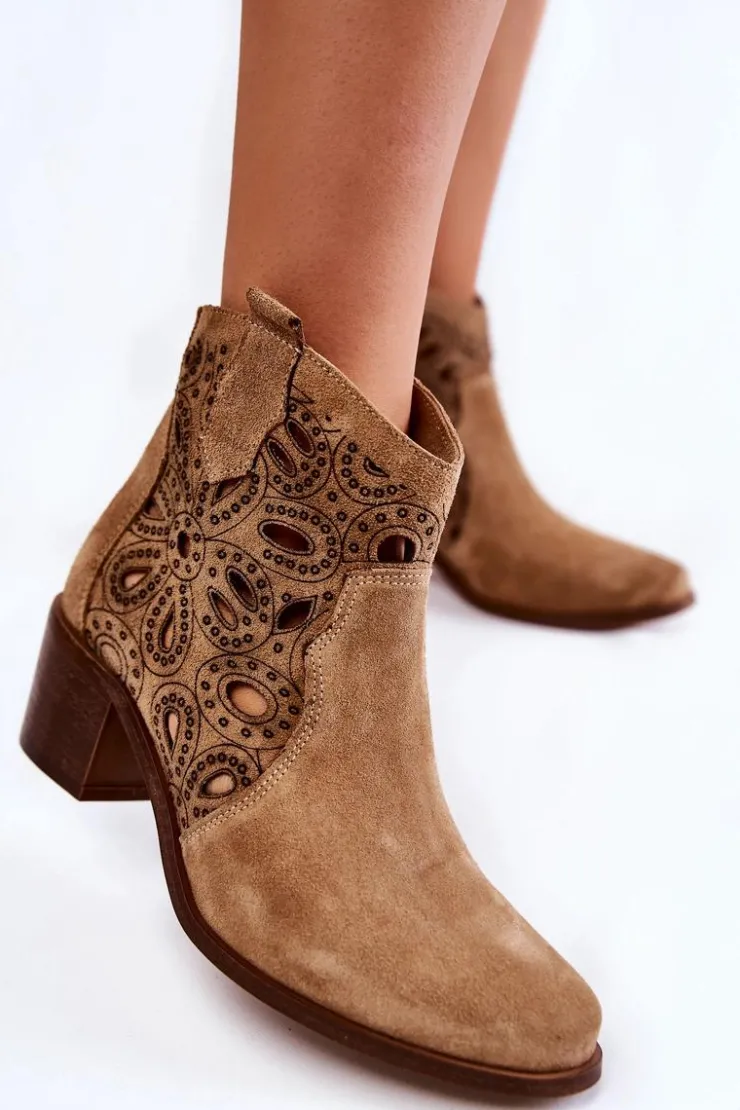 Damskie Boto Ażurowe Botki Zamszowe Lewski Shoes 3170/2 Beżowe