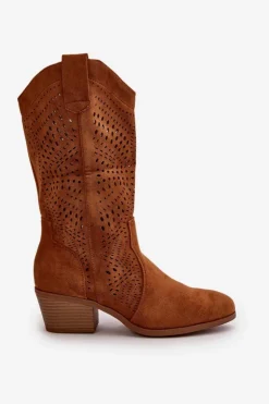 Best Boto Ażurowe Damskie Botki Kowbojki Na Obcasie Camel Iceda