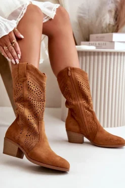Best Boto Ażurowe Damskie Botki Kowbojki Na Obcasie Camel Iceda