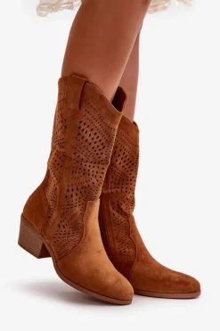 Best Boto Ażurowe Damskie Botki Kowbojki Na Obcasie Camel Iceda
