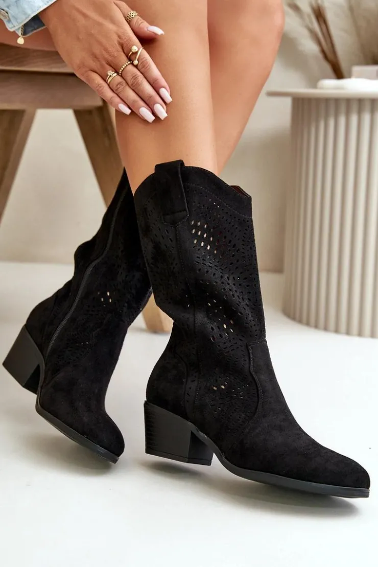 Damskie Boto Ażurowe Damskie Botki Kowbojki Na Obcasie Czarne Iceda