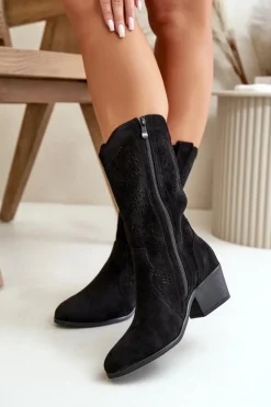 Damskie Boto Ażurowe Damskie Botki Kowbojki Na Obcasie Czarne Iceda