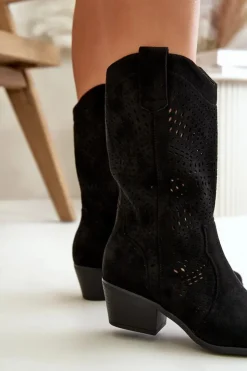 Damskie Boto Ażurowe Damskie Botki Kowbojki Na Obcasie Czarne Iceda