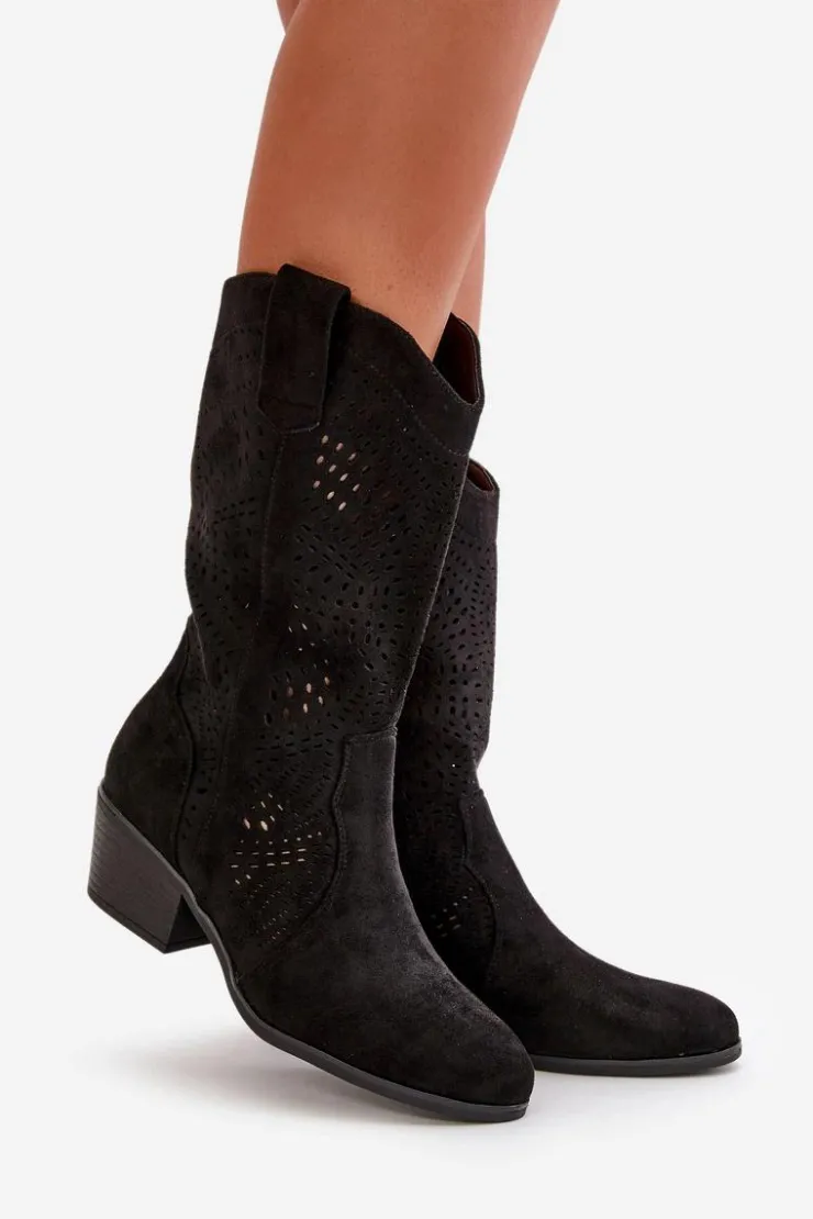 Damskie Boto Ażurowe Damskie Botki Kowbojki Na Obcasie Czarne Iceda