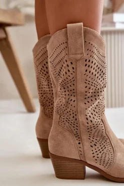 New Boto Ażurowe Damskie Botki Kowbojki Na Obcasie Brązowe Iceda