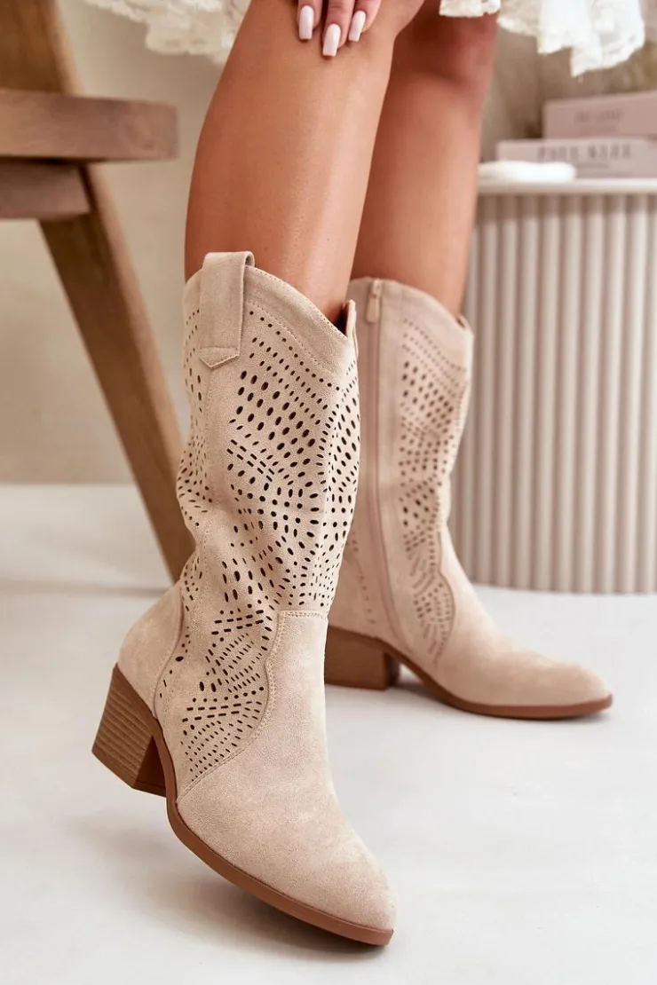 Clearance Boto Ażurowe Damskie Botki Kowbojki Na Obcasie Beżowe Iceda