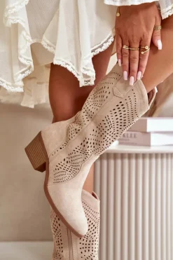 Clearance Boto Ażurowe Damskie Botki Kowbojki Na Obcasie Beżowe Iceda