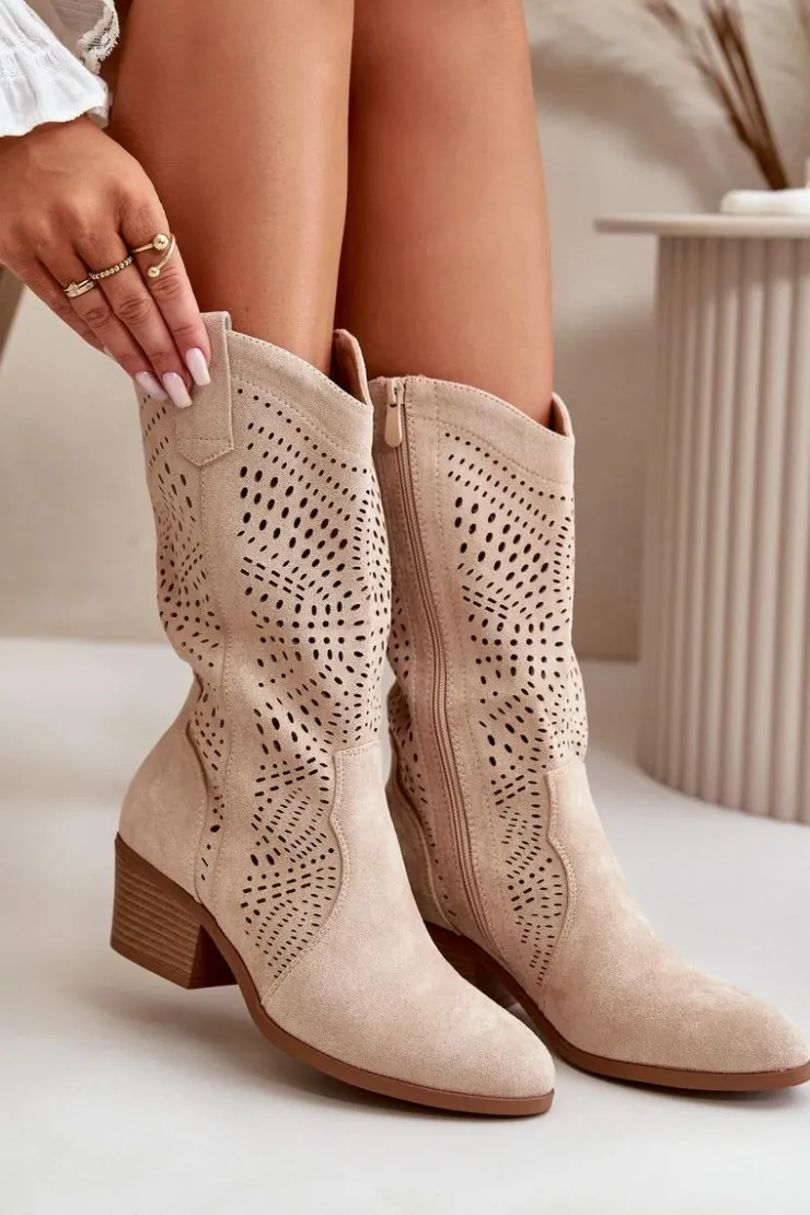 Clearance Boto Ażurowe Damskie Botki Kowbojki Na Obcasie Beżowe Iceda