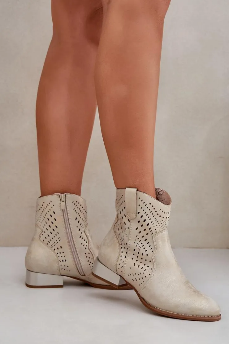 Damskie Boto Ażurowe Damskie Botki Na Niskim Obcasie Złote Neliawen