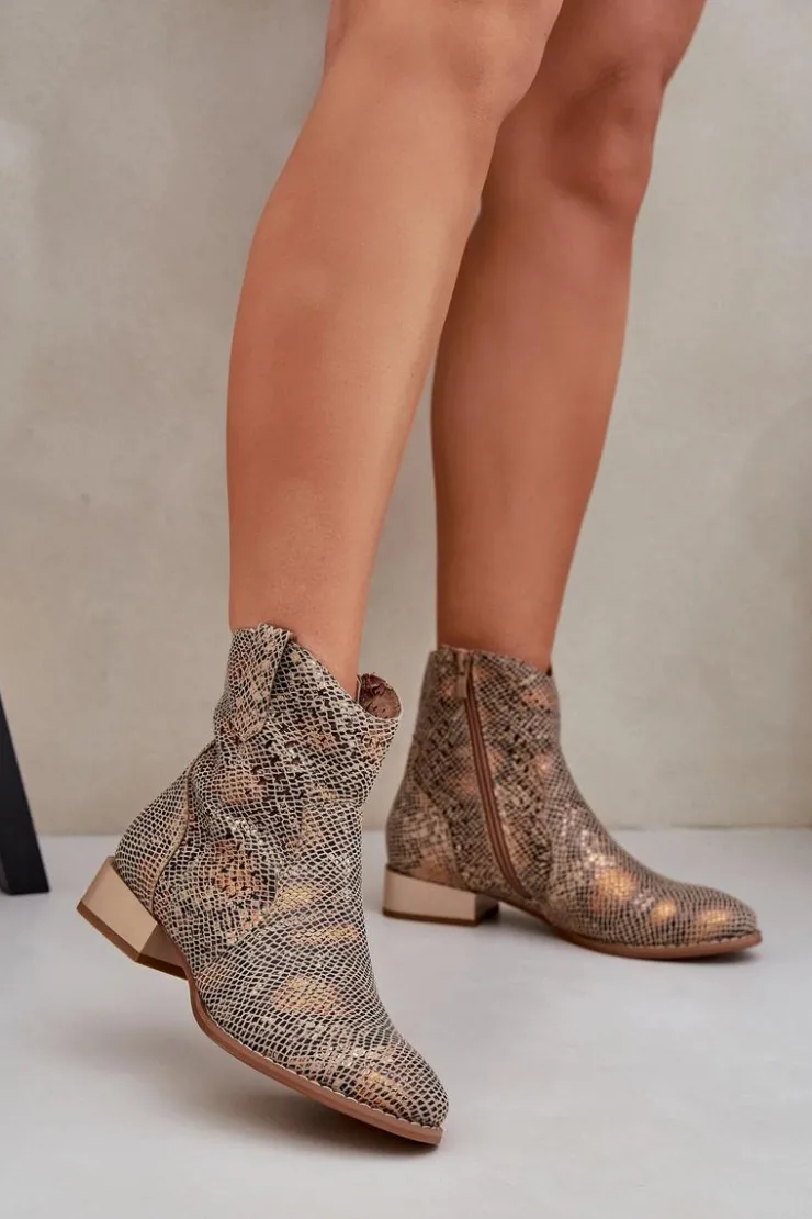 Boto Ażurowe Damskie Botki Na Niskim Obcasie Ozdobione Zwierzęcym Wzorem Złote Neliawen Złoty