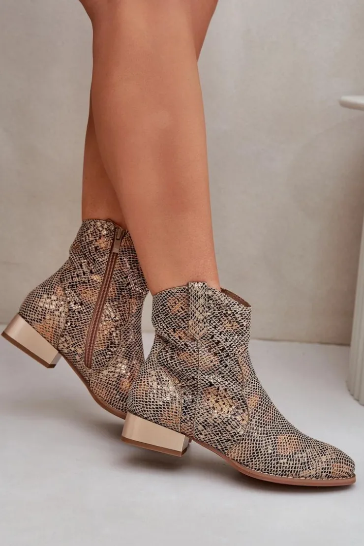 Boto Ażurowe Damskie Botki Na Niskim Obcasie Ozdobione Zwierzęcym Wzorem Złote Neliawen Złoty