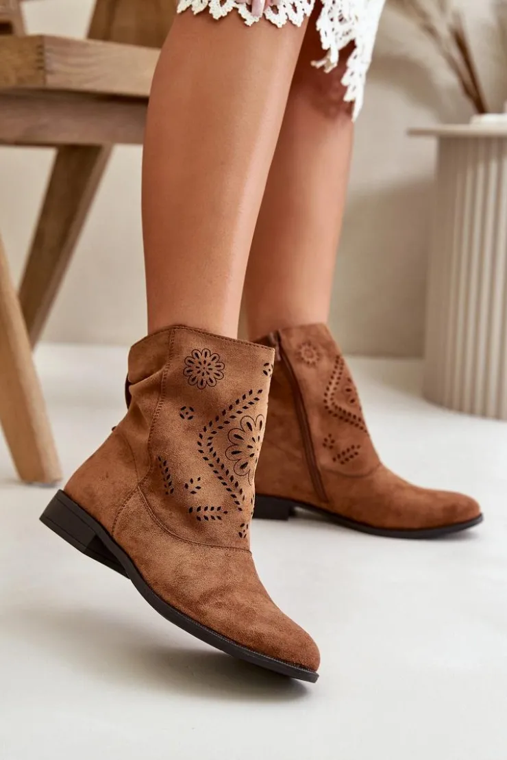 Damskie Boto Ażurowe Damskie Niskie Botki Zapinane Na Zamek Brązowe Irinette