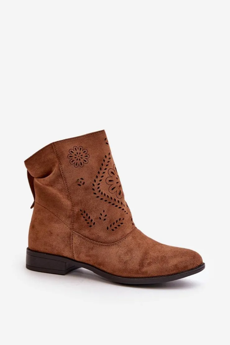 Damskie Boto Ażurowe Damskie Niskie Botki Zapinane Na Zamek Brązowe Irinette