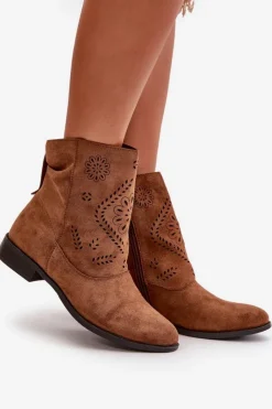 Damskie Boto Ażurowe Damskie Niskie Botki Zapinane Na Zamek Brązowe Irinette