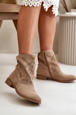 Damskie Boto Ażurowe Damskie Niskie Botki Zapinane Na Zamek Beżowe Irinette