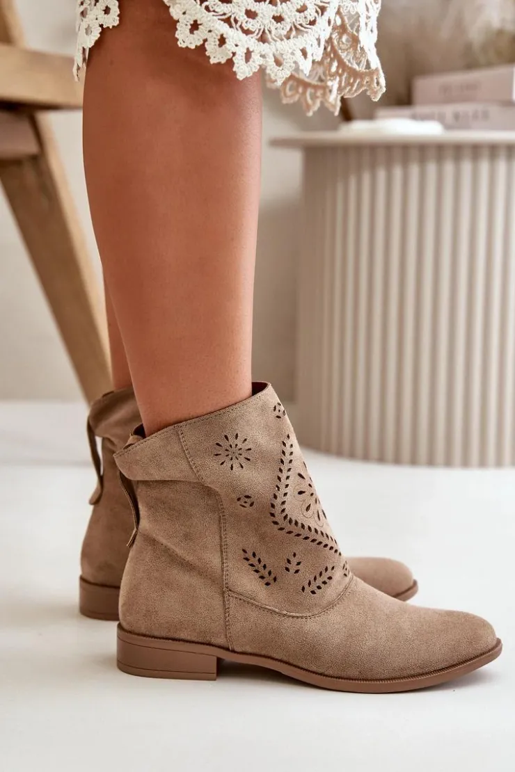 Damskie Boto Ażurowe Damskie Niskie Botki Zapinane Na Zamek Beżowe Irinette
