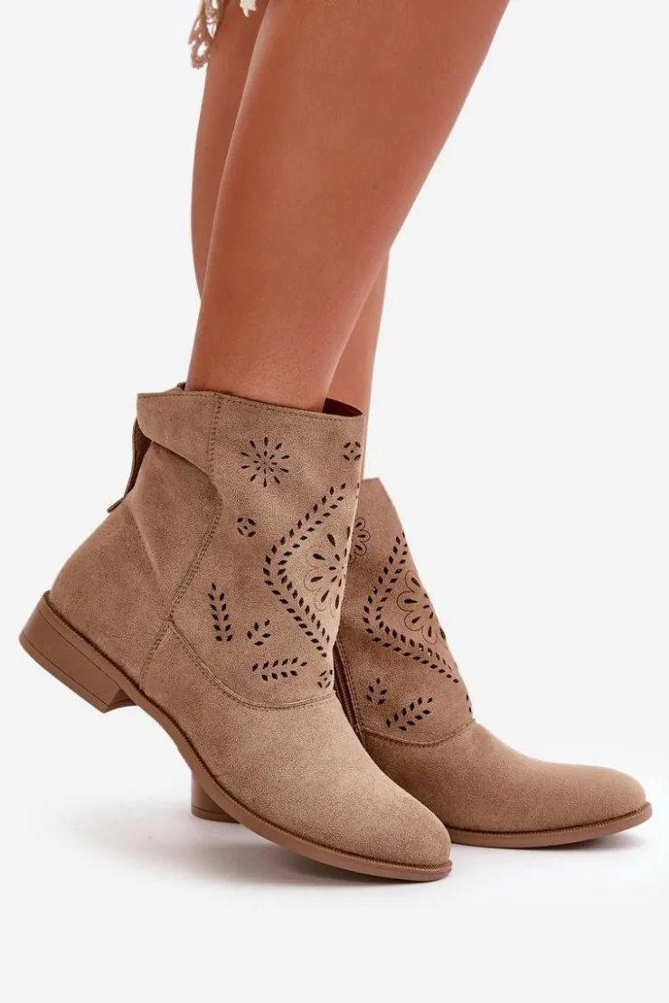 Damskie Boto Ażurowe Damskie Niskie Botki Zapinane Na Zamek Beżowe Irinette