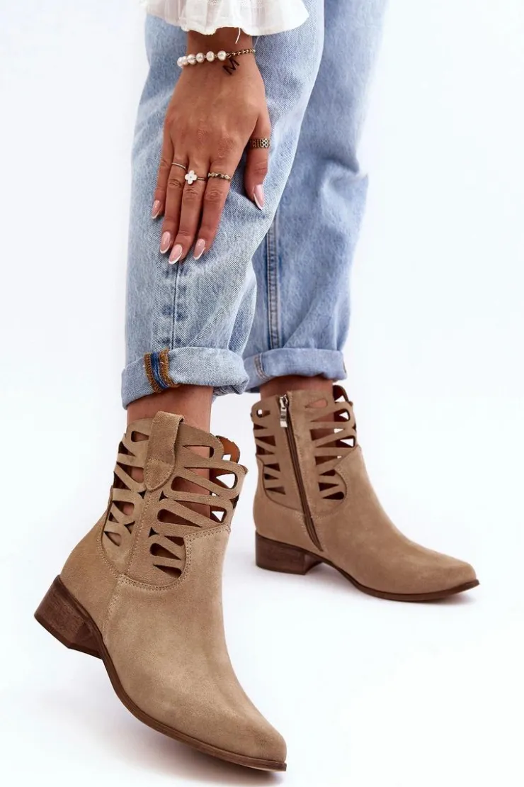 Damskie Boto Ażurowe Damskie Skórzane Botki Beżowe Lewski 3329