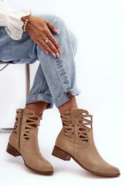 Damskie Boto Ażurowe Damskie Skórzane Botki Beżowe Lewski 3329