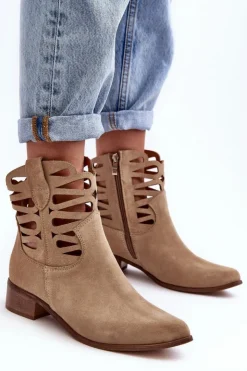 Damskie Boto Ażurowe Damskie Skórzane Botki Beżowe Lewski 3329