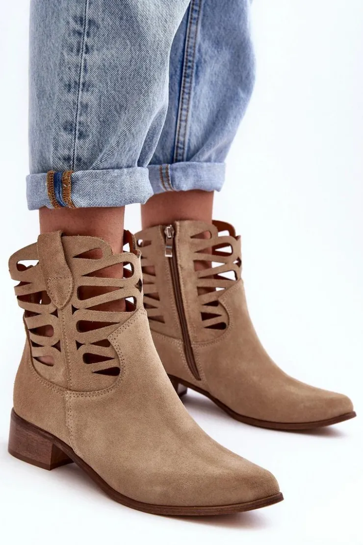 Damskie Boto Ażurowe Damskie Skórzane Botki Beżowe Lewski 3329